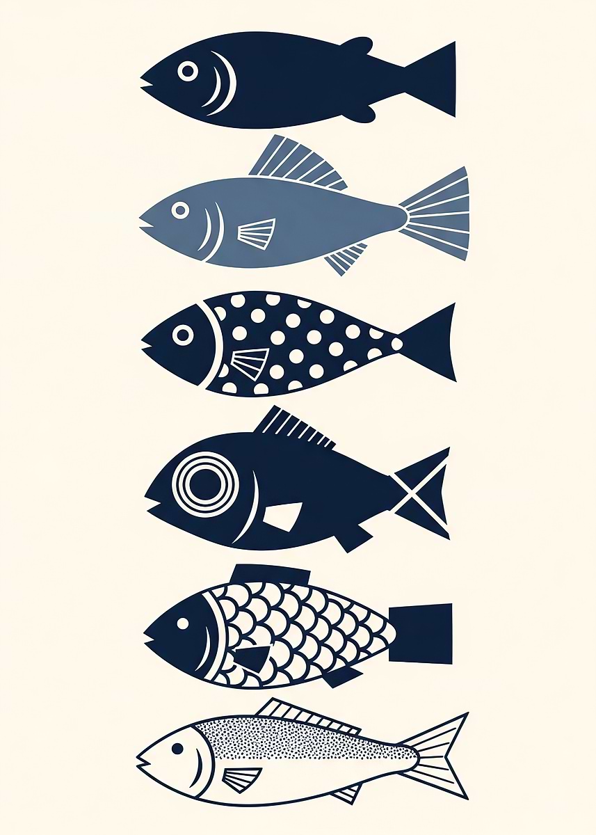 Fish Stylisation 'Six Stylized Fish Illustrations' Poster, picture, metal print, paint ...