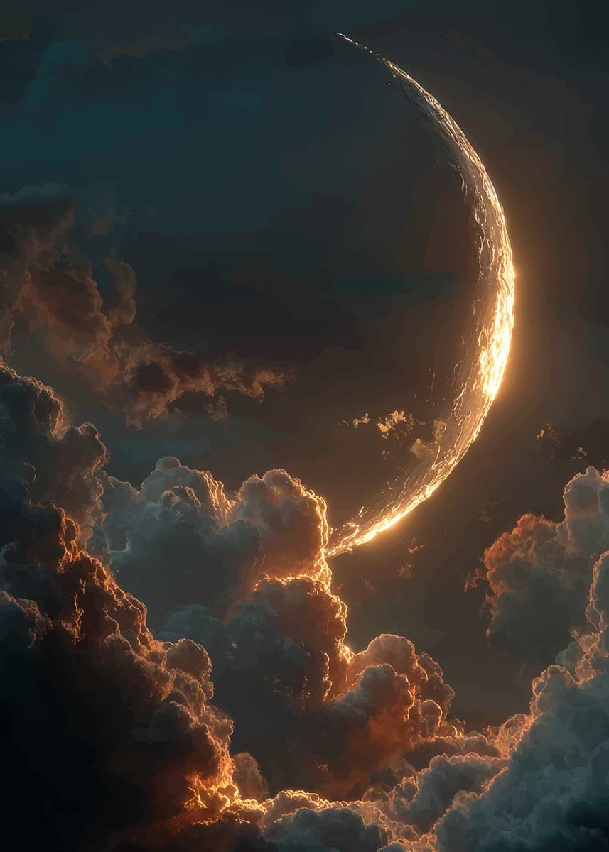 Crescent Moon in Dramatic Clouds' Poster, picture, metal print