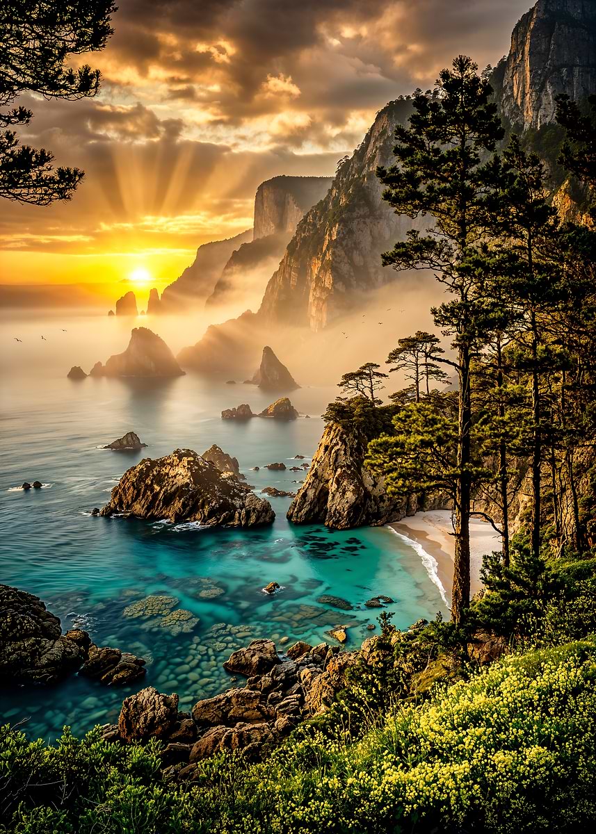 Golden Cliffs of Serenity — from the Sanctuaries Of Nature collection, a Pixaverse metal print