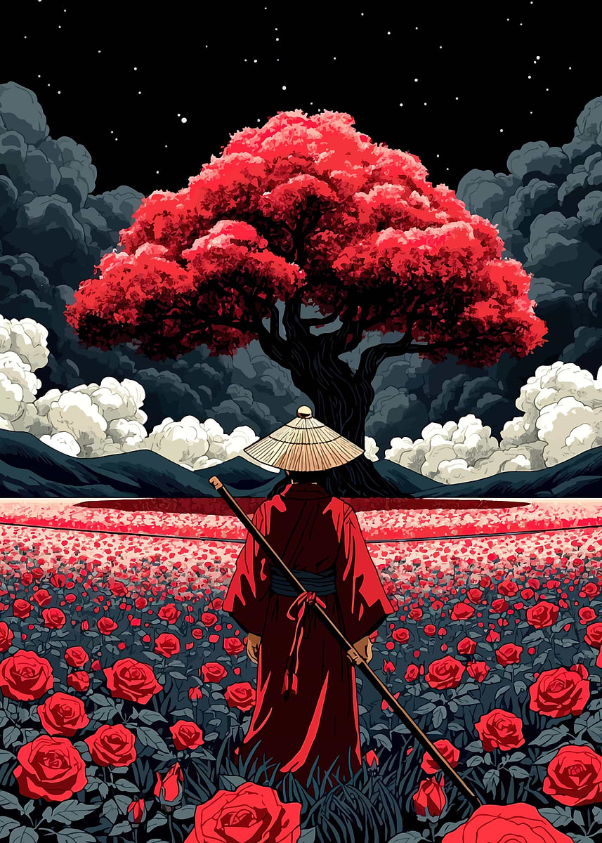 Samurai in a Rose Field' Poster, picture, metal print, paint by