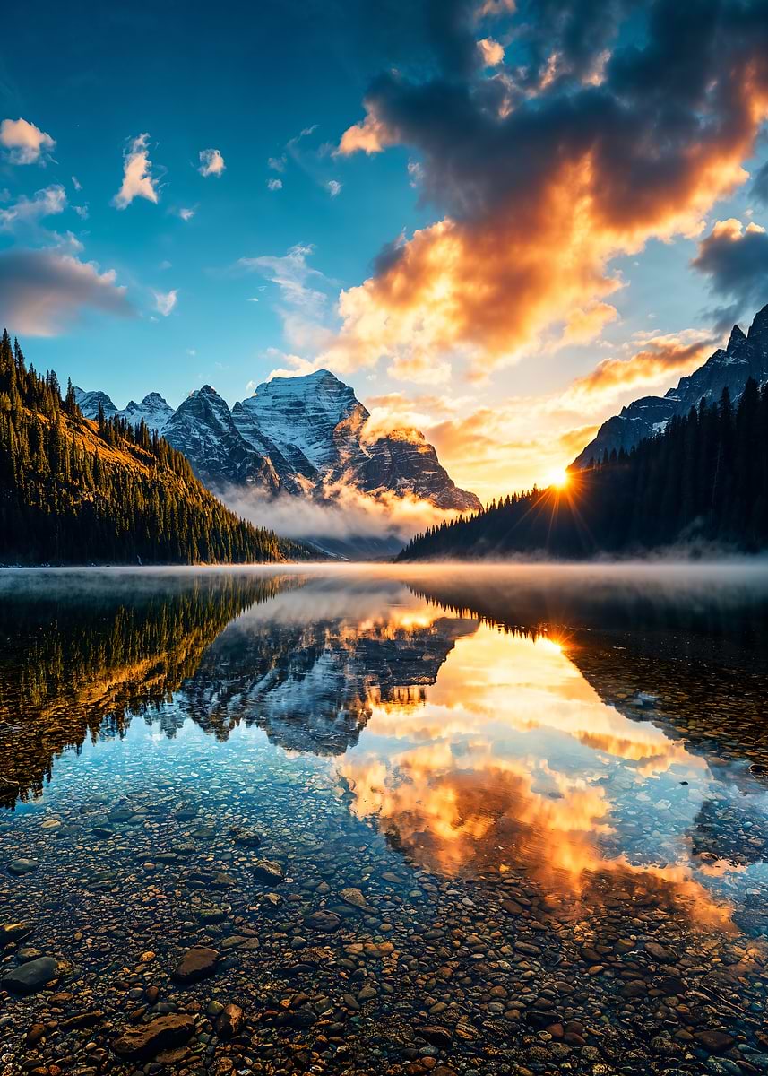 Sunrise over the Crystal Lake — from the Sanctuaries Of Nature collection, a Pixaverse metal print
