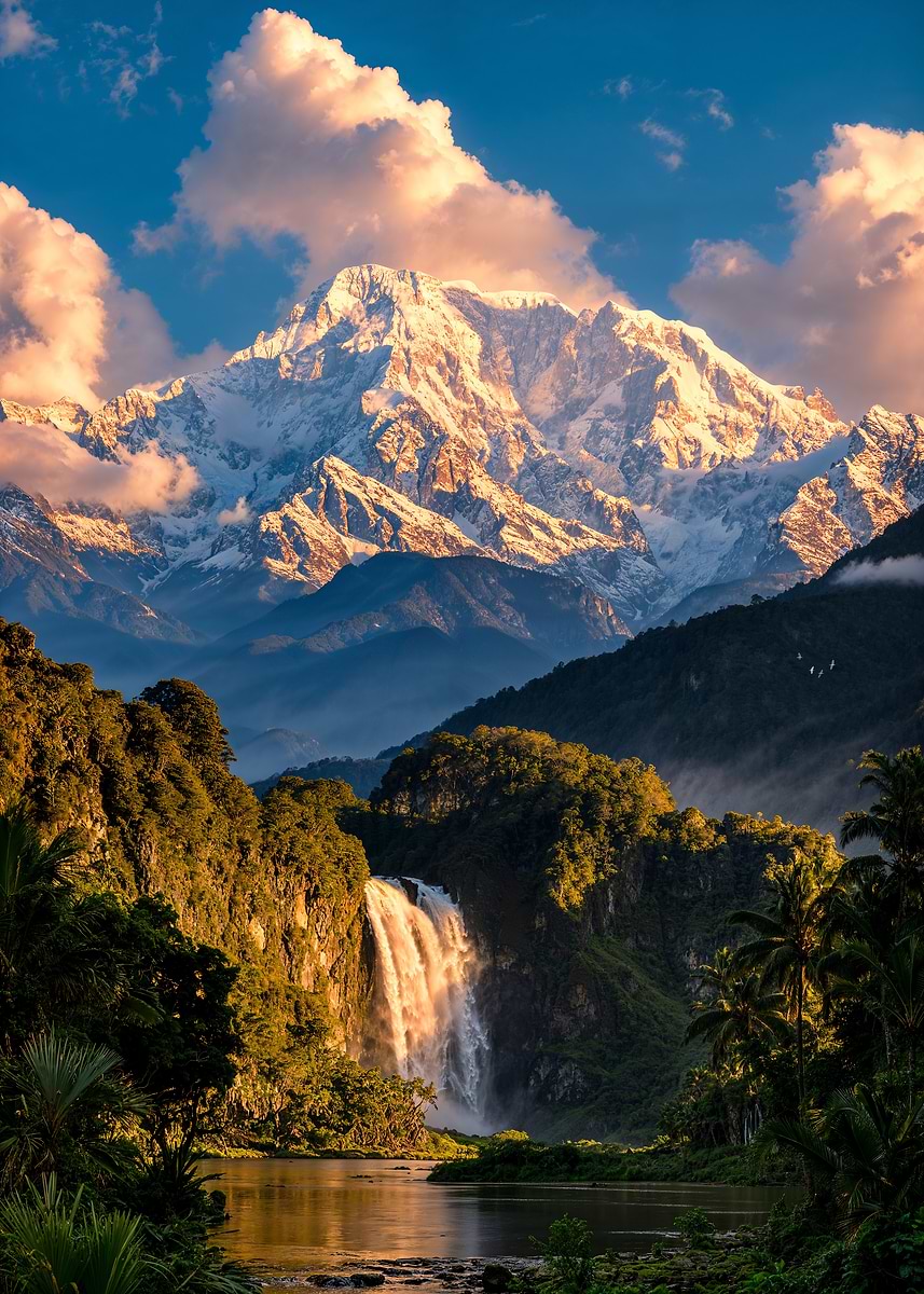 Golden Falls Beneath the Snow Peaks — from the Sanctuaries Of Nature collection, a Pixaverse metal print