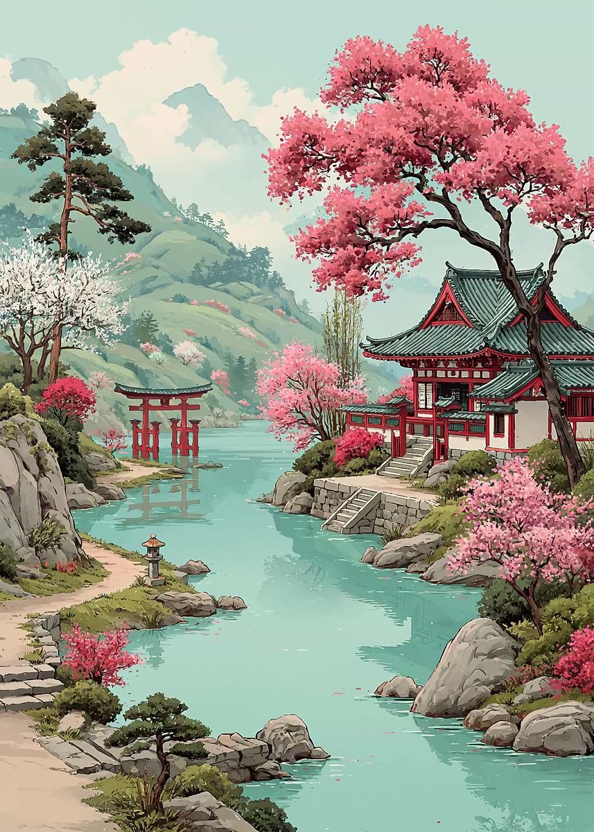 Serene Japanese Landscape with Cherry Blossoms' Poster, picture