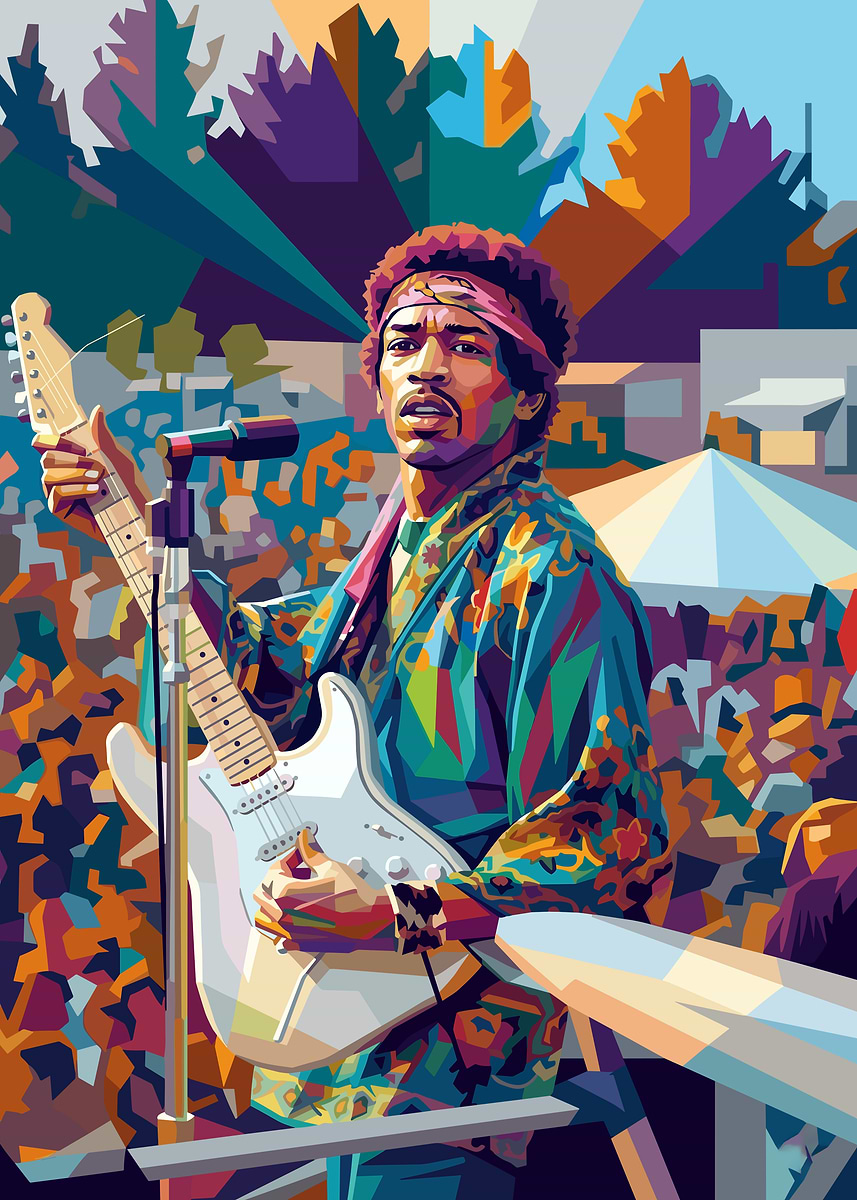 Jimi Hendrix performing on stage' Poster, picture, metal print