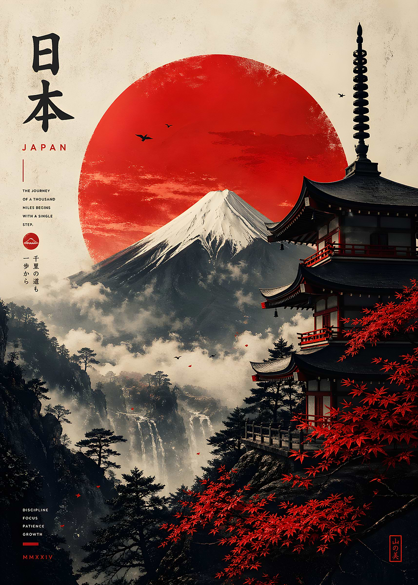 Japan Mount Fuji Pagoda Red Sun' Poster, picture, metal print