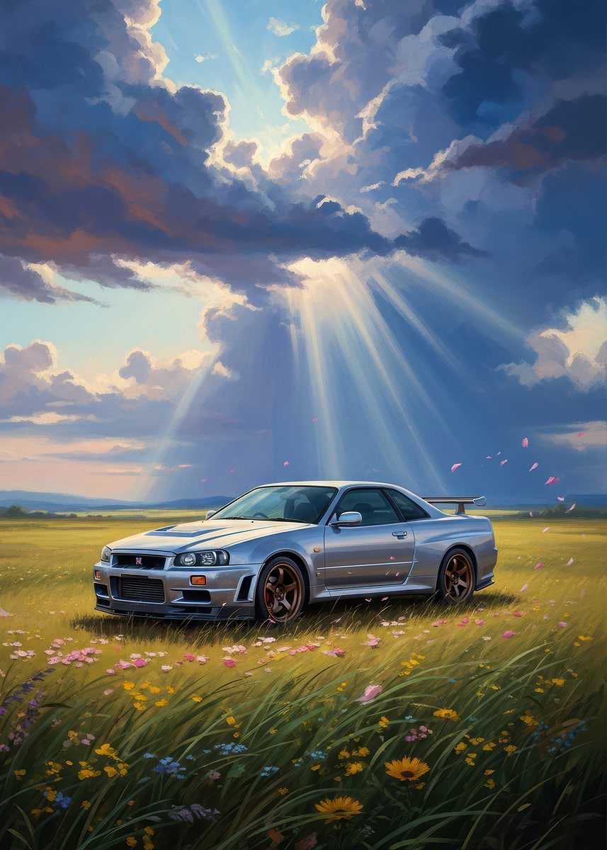 Silver Nissan Skyline R34 in a Field' Poster, picture, metal print