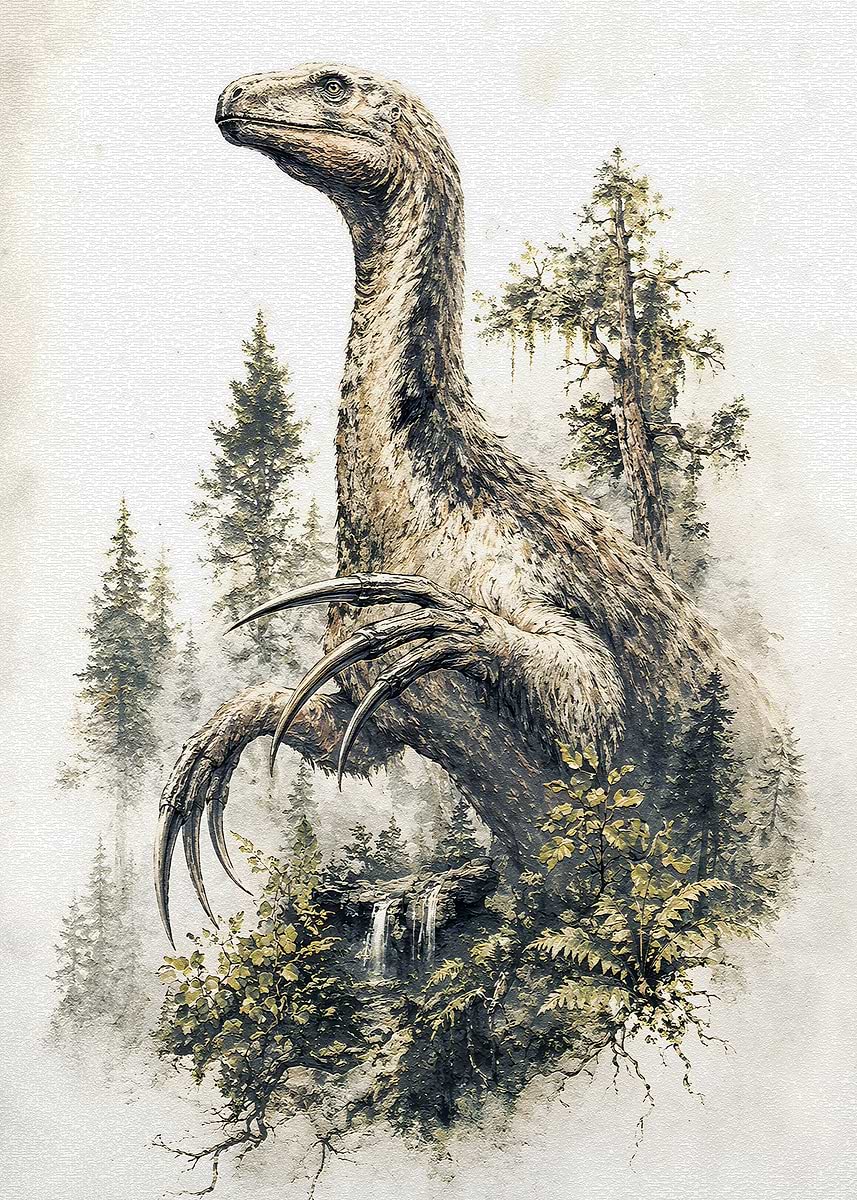 Therizinosaurus in a Misty Forest' Poster, picture, metal print