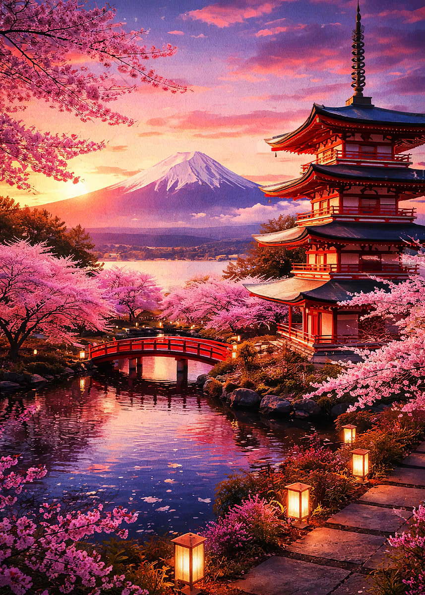 Serene Japanese Garden at Sunset' Poster, picture, metal print