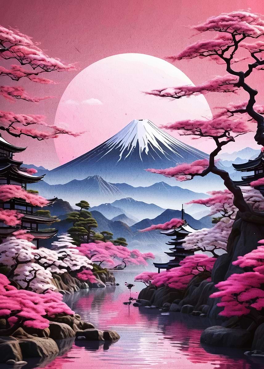 Mount Fuji Cherry Blossom Landscape' Poster, picture, metal print