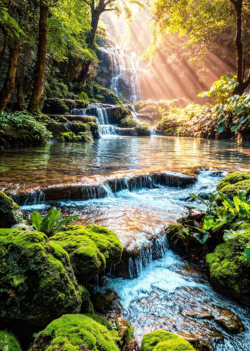 Sunlit Forest Cascades — from the Sanctuaries Of Nature collection, a Pixaverse metal print