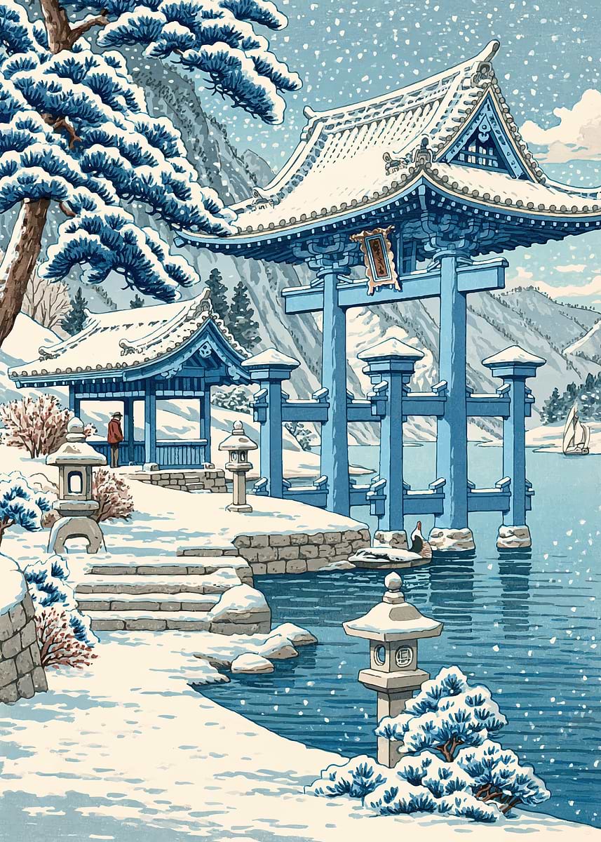 Winter Japanese Garden Scene' Poster, picture, metal print, paint