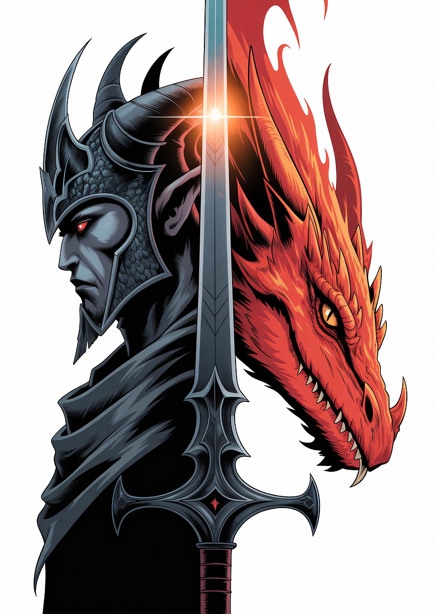 'Dark Elf Warrior and Dragon Sword' Poster, picture, metal print, paint ...