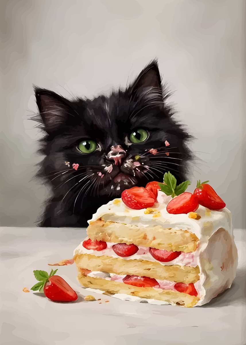 Black Cat Eating Strawberry Cake' Poster, picture, metal print
