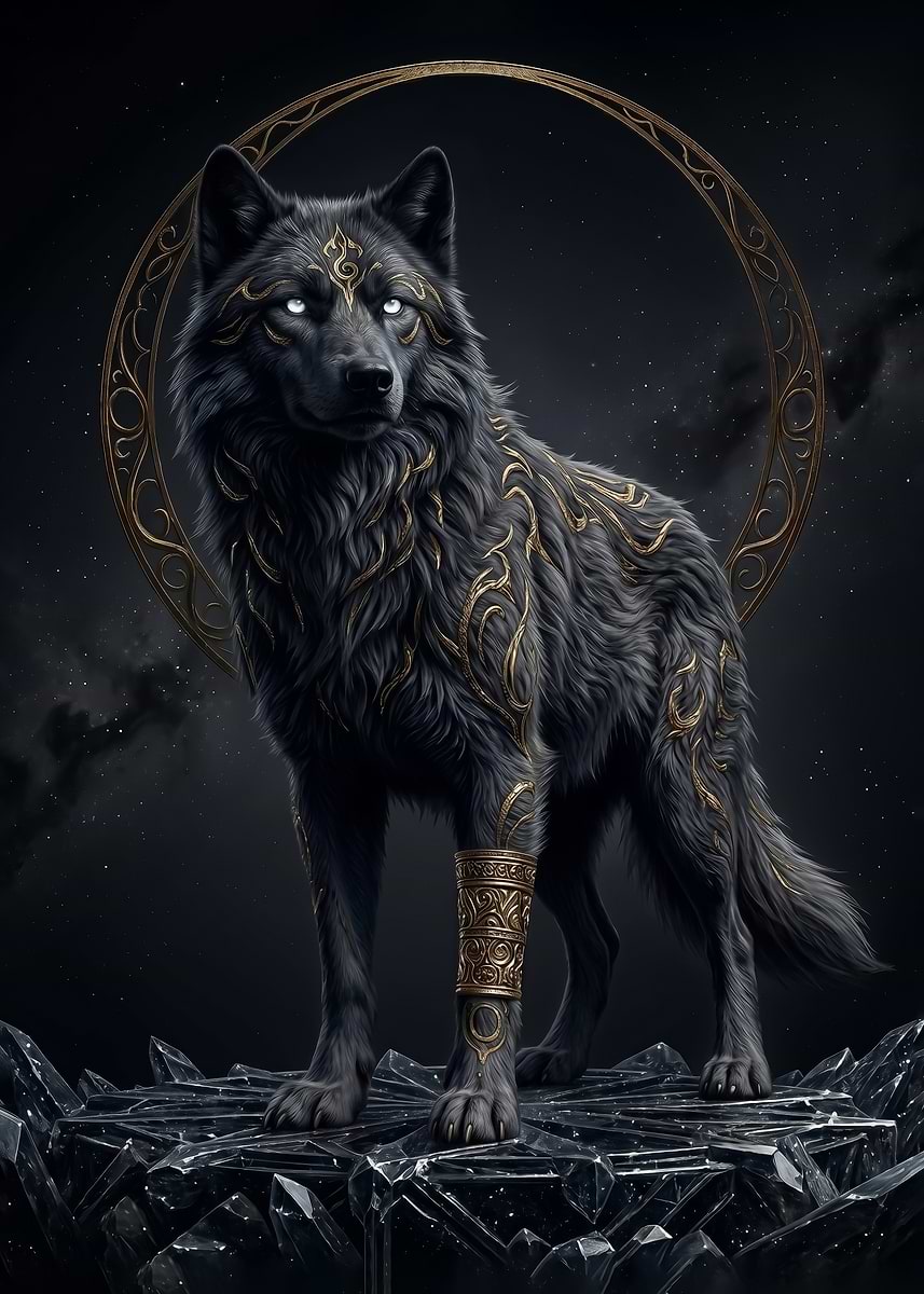 A majestic Mystical Black Wolf with Golden Ornaments' Poster