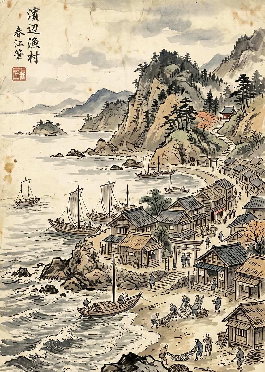 Traditional Japanese Fishing Village Scene' Poster, picture, metal