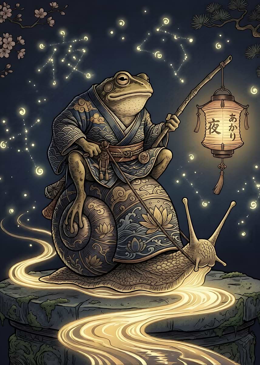 Frog on Snail with Lantern' Poster, picture, metal print, paint by