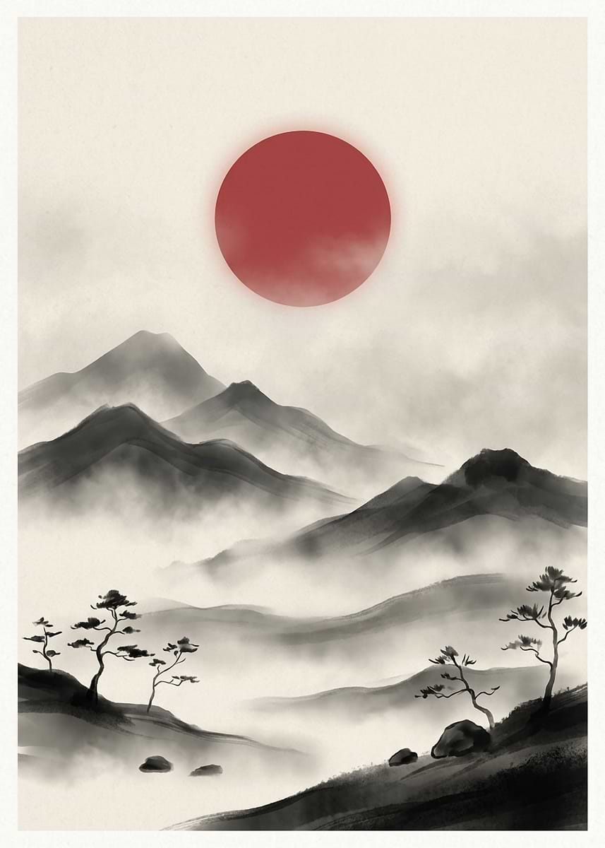 Japanese Zen Misty Mountain Landscape with Red Sun' Poster