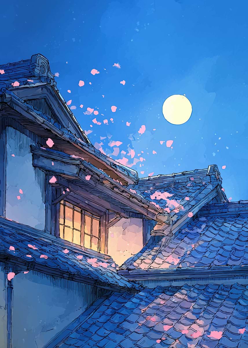 Moonlit Japanese Rooftops with Cherry Blossoms' Poster, picture