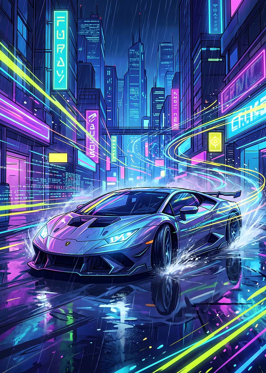 Neon Lamborghini Huracan City Rush' Poster, picture, metal print