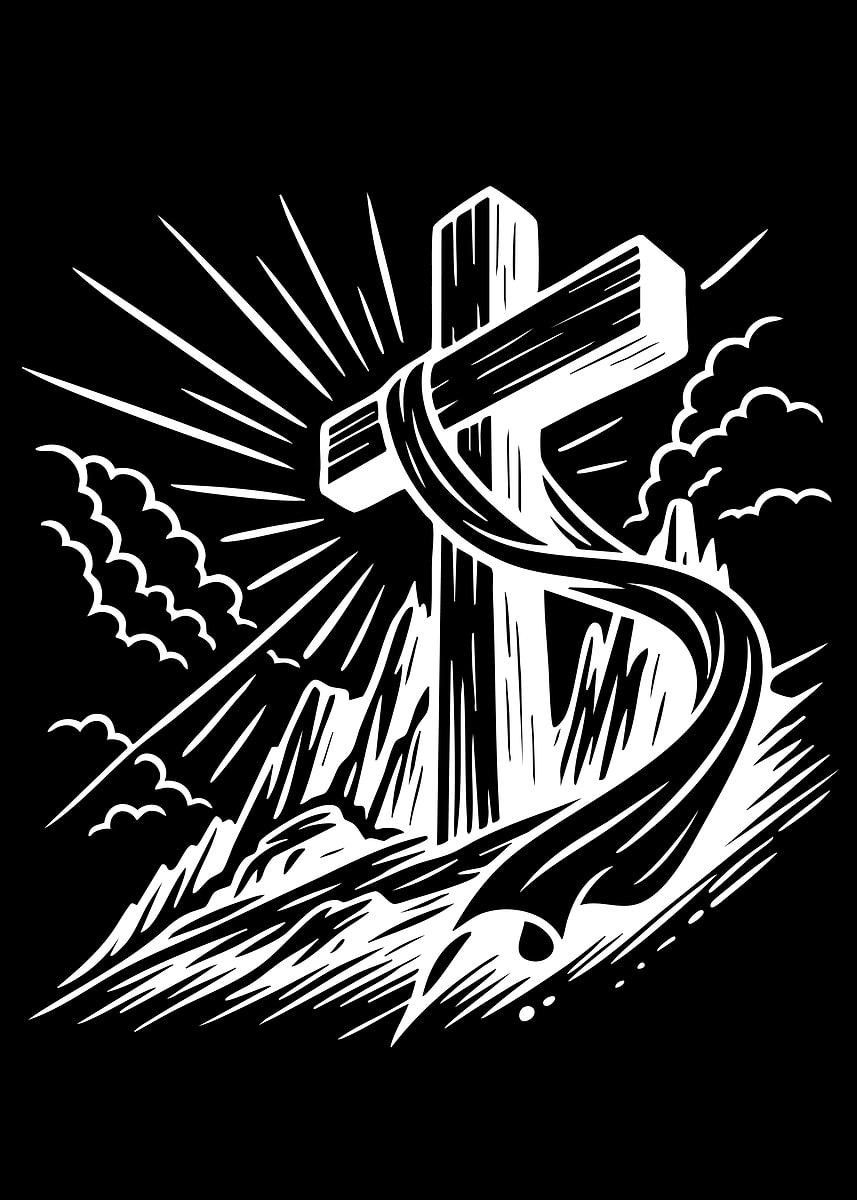 'Christian Cross with Rays and Clouds' Poster, picture, metal print ...