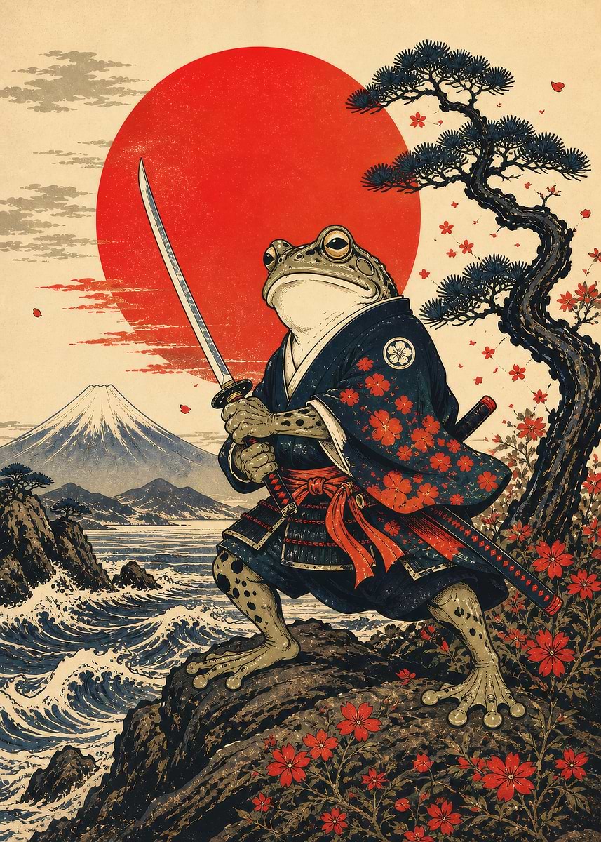 Samurai Frog with Katana and Mount Fuji' Poster, picture, metal