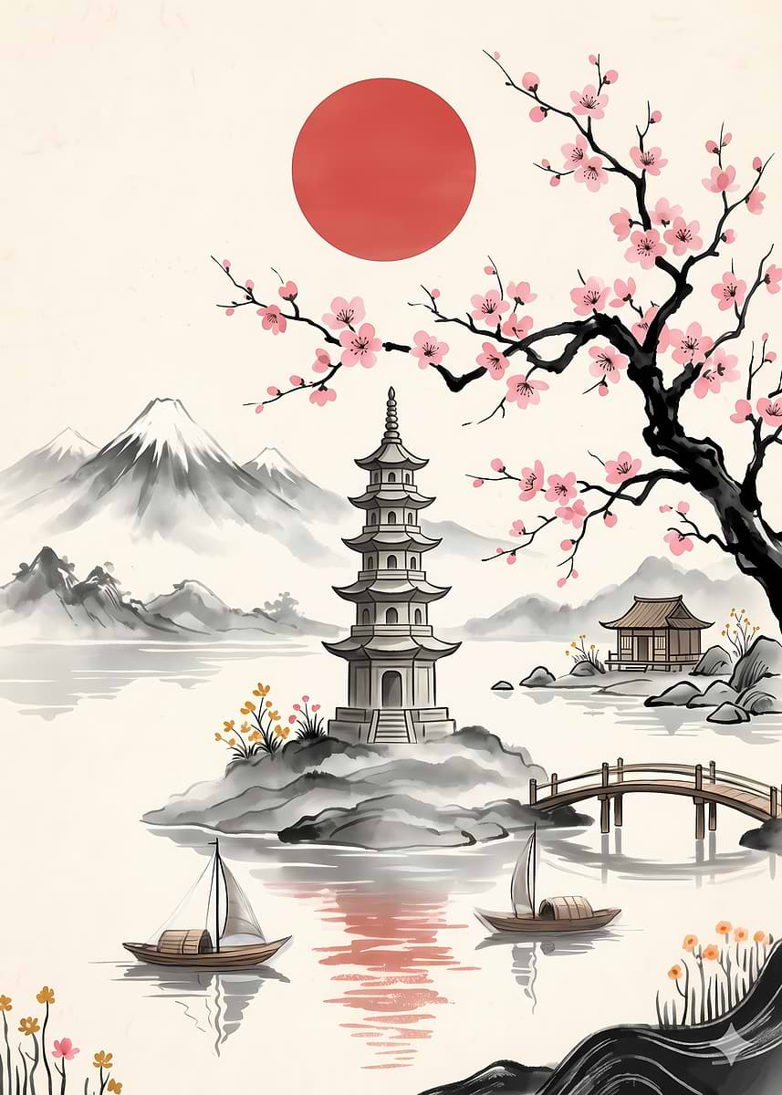 Japanese Landscape with Pagoda and Cherry Blossoms' Poster
