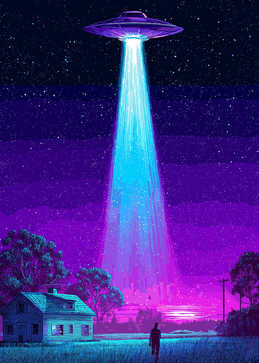 'Retro UFO Poster, Flying Saucer Sci Fi Wall Art, Alien Abduction Night ...