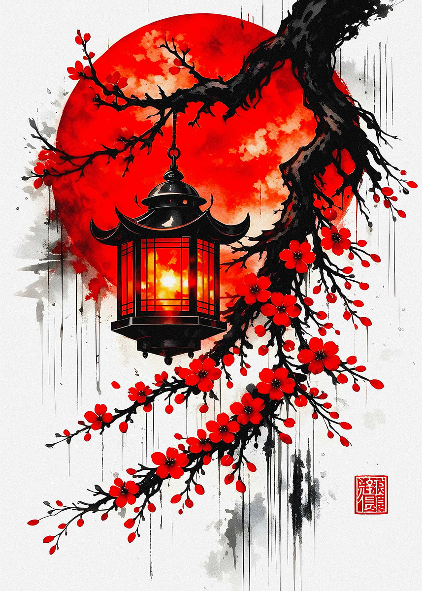 Japanese Lantern with Cherry Blossoms' Poster, picture, metal