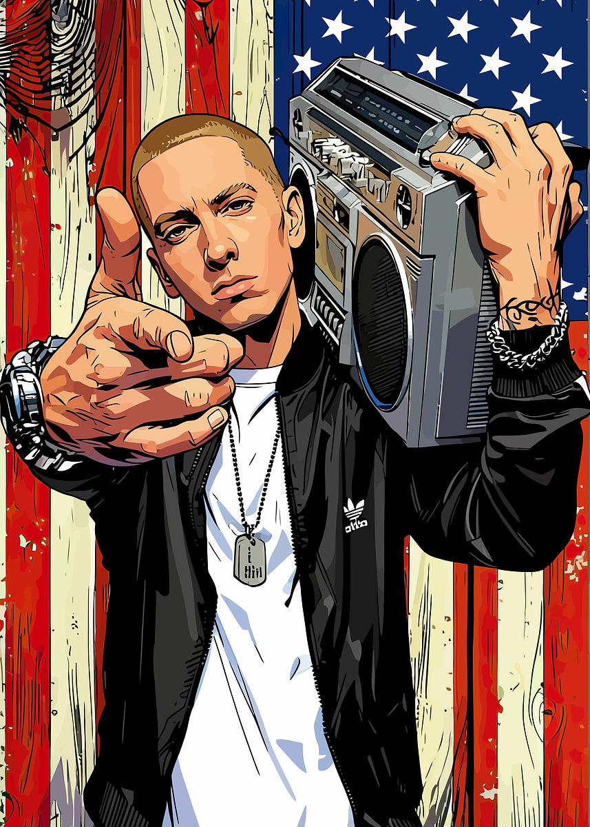 Eminem with Boombox and US Flag' Poster, picture, metal print