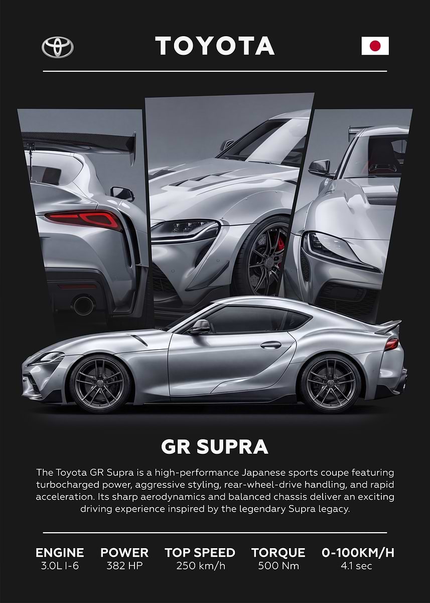 Toyota GR Supra car' Poster, picture, metal print, paint by Illust