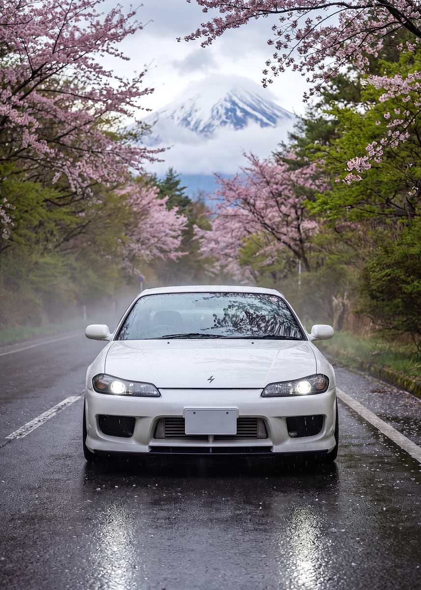 j.demisky veyond シルクスクリーン ポスター 額装 Nissan Silvia S15 Car Under Cherry Blossoms with Mount Fuji