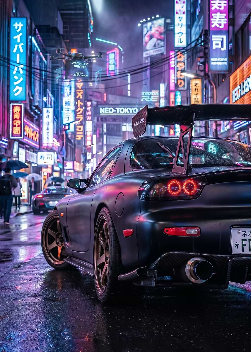sleek Cyberpunk mazda rx7 Car in Neon City' Poster, picture, metal