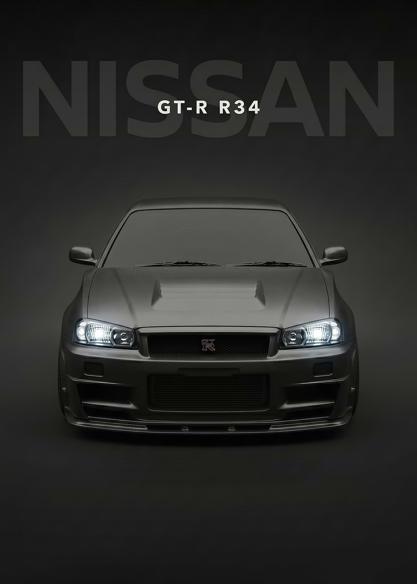 Gt R R34 Black Bg 'sllek black Nissan GT-R R34 Front View' Poster, picture, metal print ...