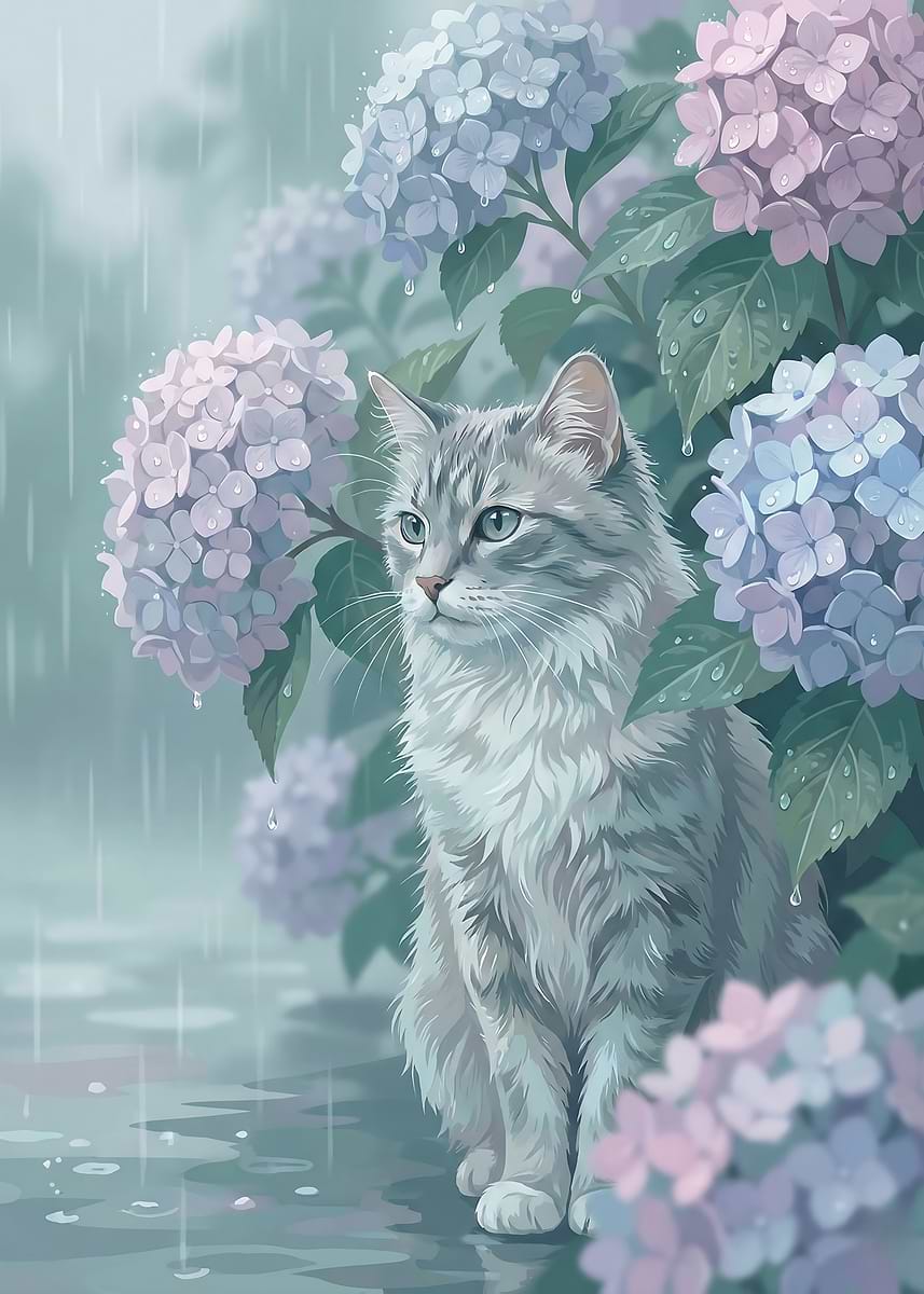 Serene Grey Cat in Hydrangea Rain' Poster, picture, metal print Serene Grey Cat in Hydrangea Rain' Poster, picture, metal print