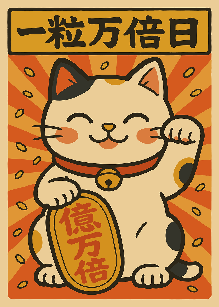 Lucky Cat Poster, Maneki Neko Japanese Wall Art, Prosperity