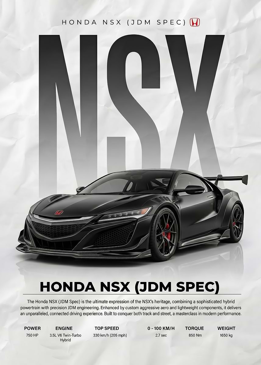 matte black Honda NSX JDM Spec' Poster, picture, metal print