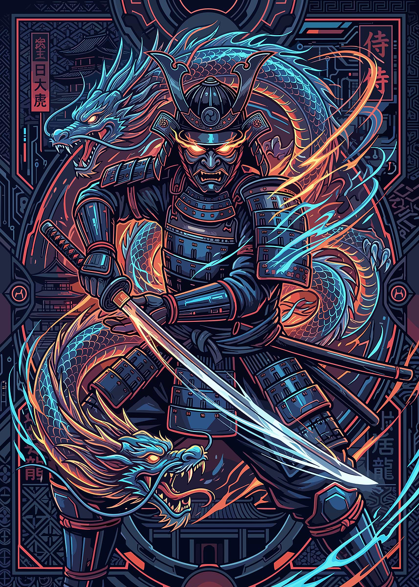 Neon Dragon Samurai' Poster, picture, metal print, paint by Fill