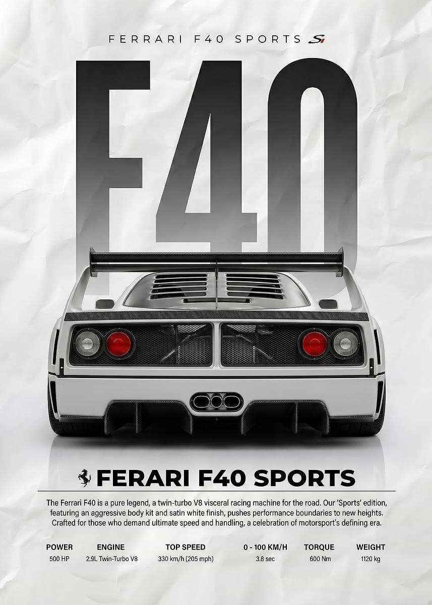 Rear View Ferrari F40 Sports white car poster ' Poster, picture
