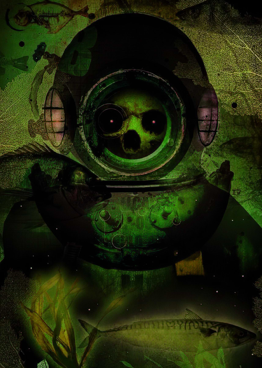 Scary Diver Skull in Green Depths' Poster, picture, metal print