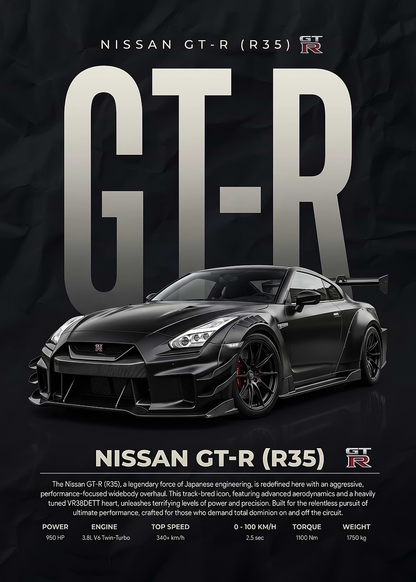 sleek black Nissan GT-R R35 car' Poster, picture, metal print