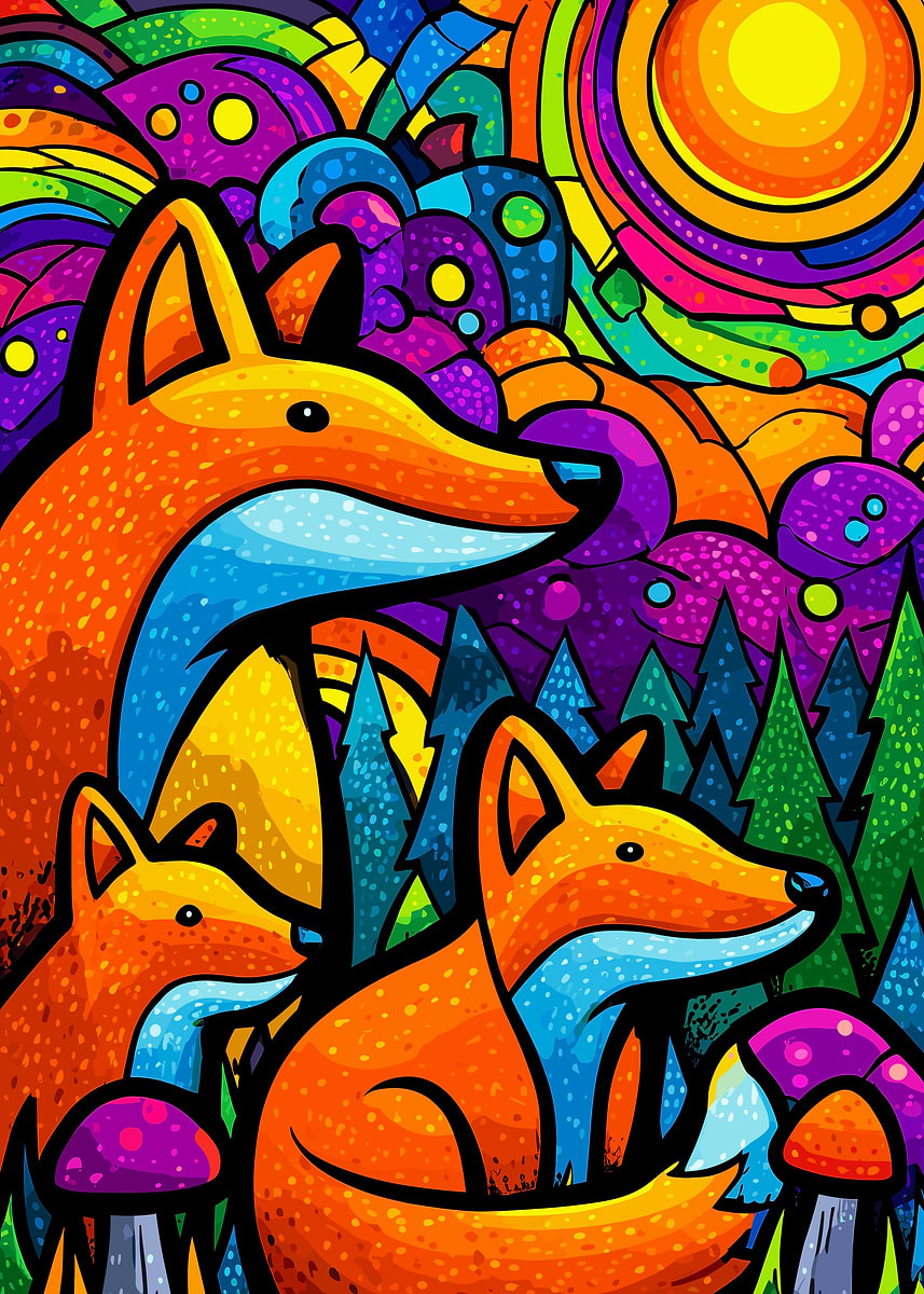 Vibrant Foxes in a Psychedelic Forest' Poster, picture, metal