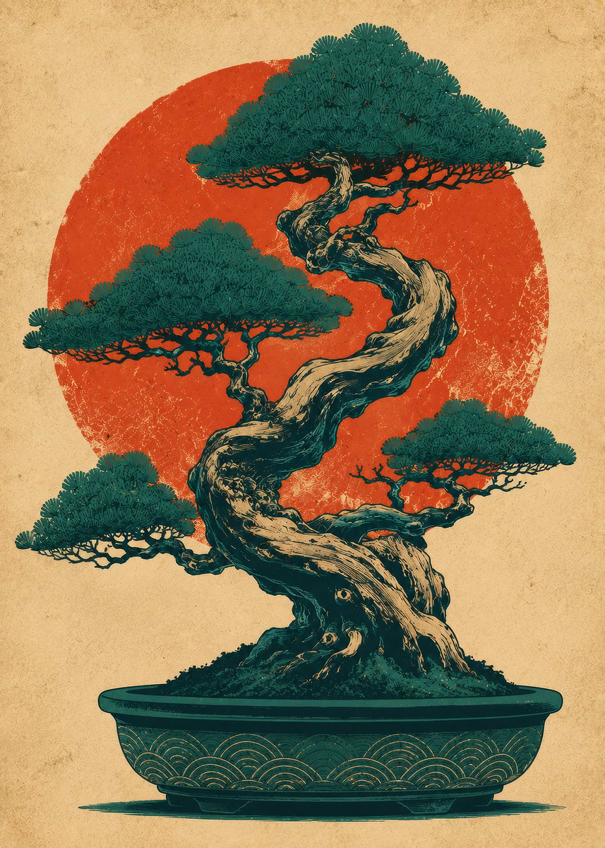 Stylized Bonsai Tree with Red Sun' Poster, picture, metal print