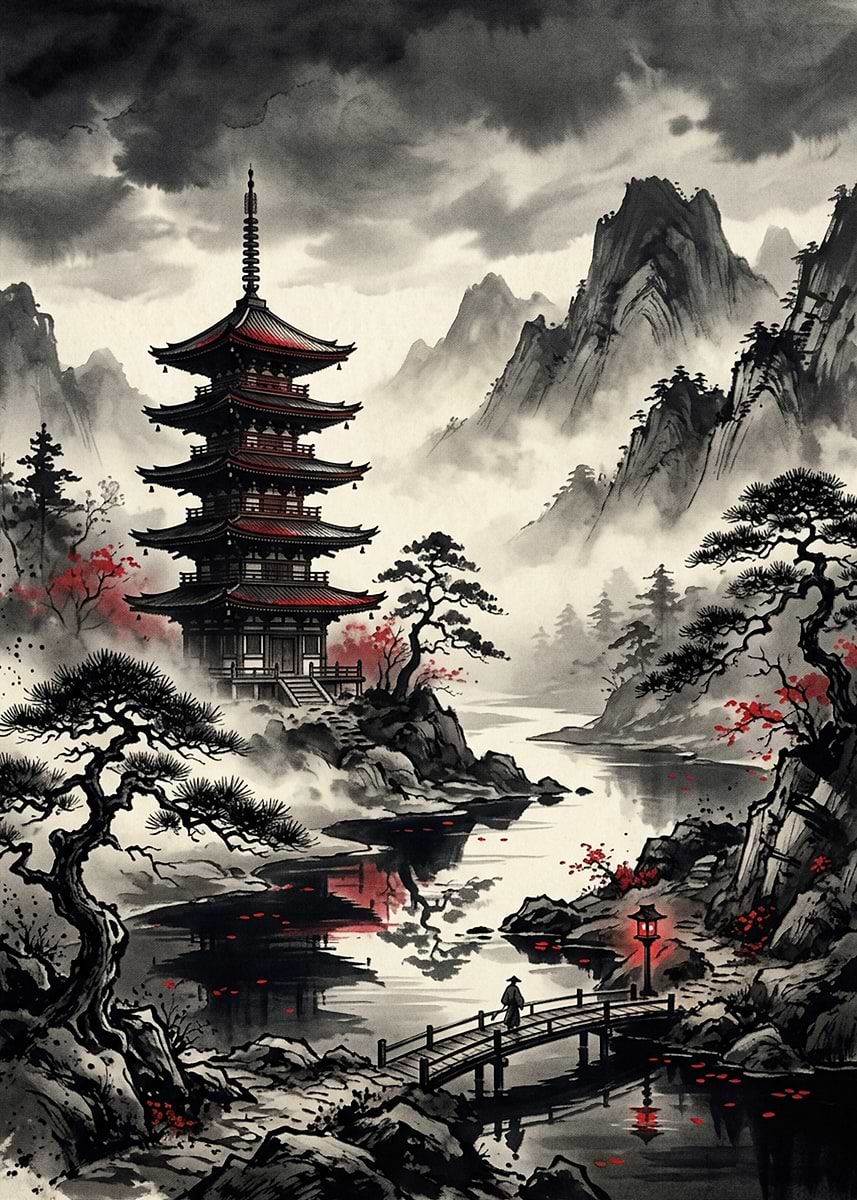 Pagoda by a Misty River' Poster, picture, metal print, paint by