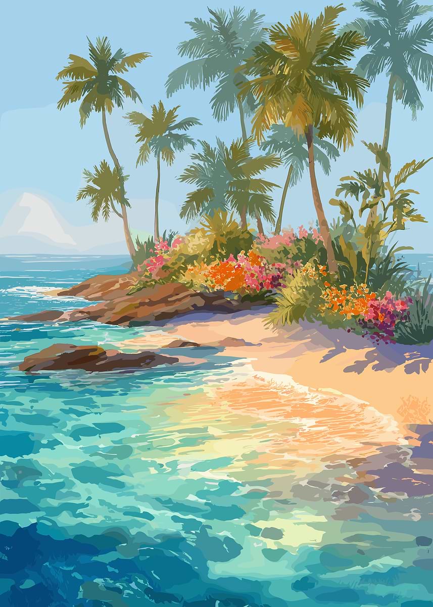 Tropical Beach with Palm Trees and Flowers' Poster, picture, metal