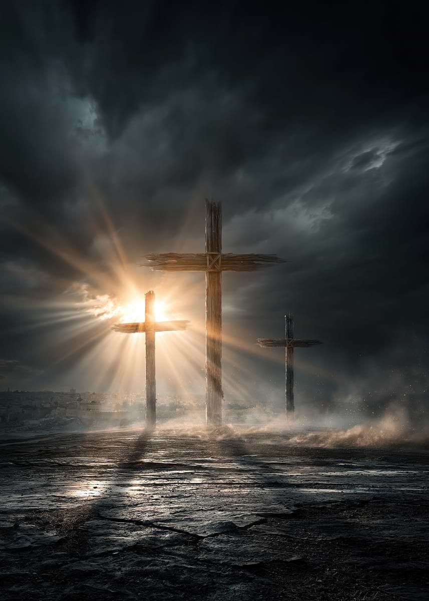 Three Crosses in Dramatic Light' Poster, picture, metal print