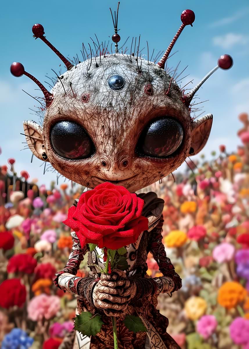'Alien holding a red rose in a flower field' Poster, picture, metal ...