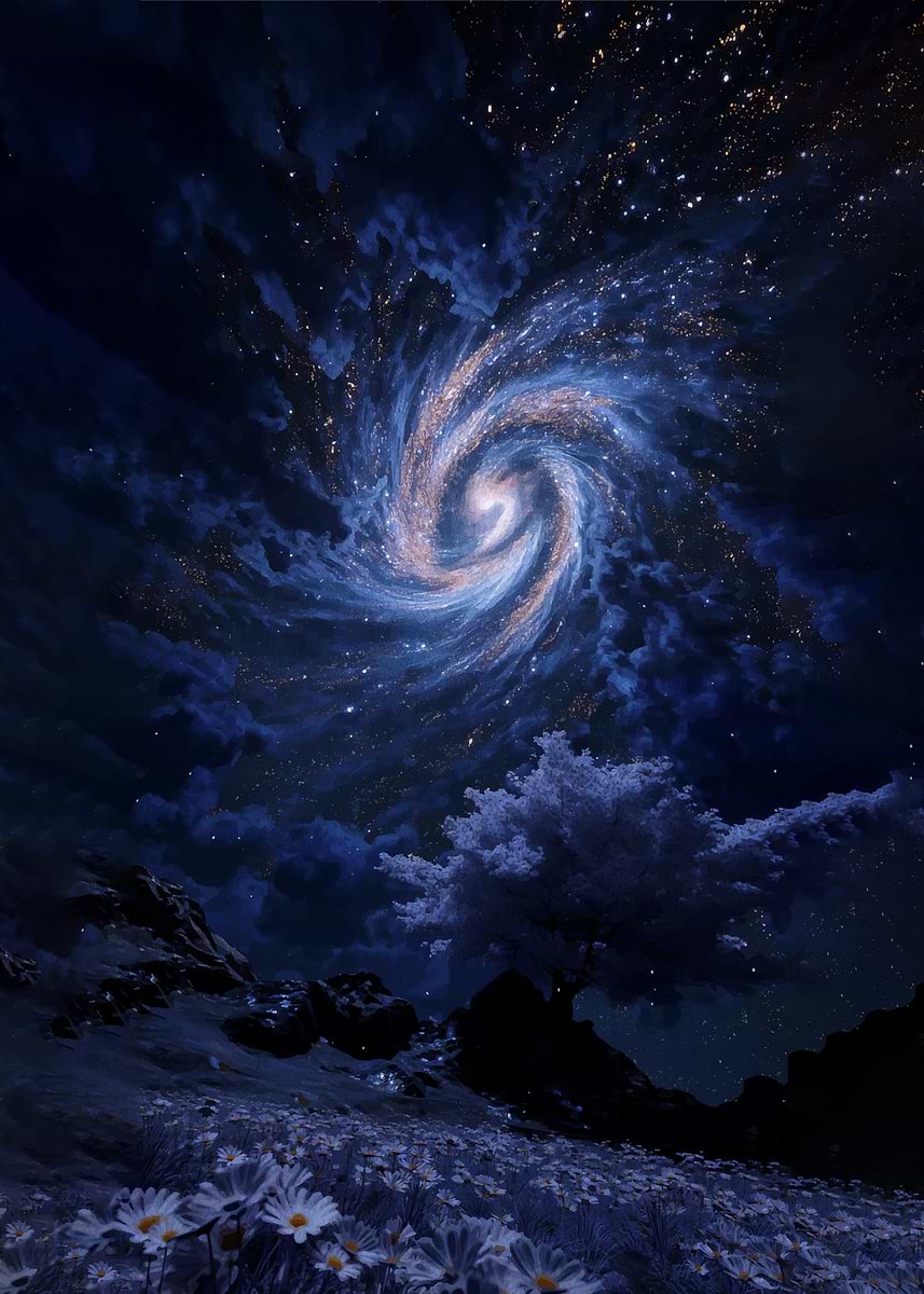 Cosmic Swirl Over Daisy Field' Poster, picture, metal print, paint