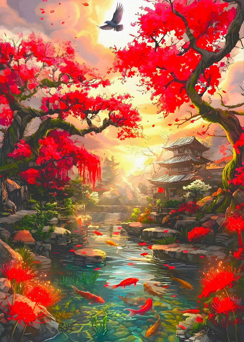 Serene Japanese Garden with Koi Pond' Poster, picture, metal print