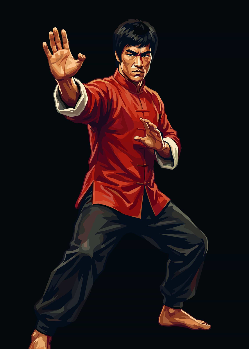 Bruce Lee in Kung Fu Pose' Poster, picture, metal print, paint by