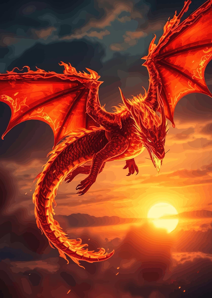 Fiery Dragon in Sunset Sky' Poster, picture, metal print, paint by
